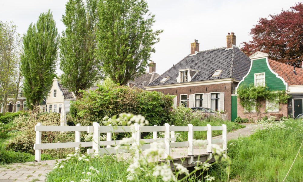 Traditional Dutch houses with a small white bridge and garden. A peaceful scene in a rural setting.